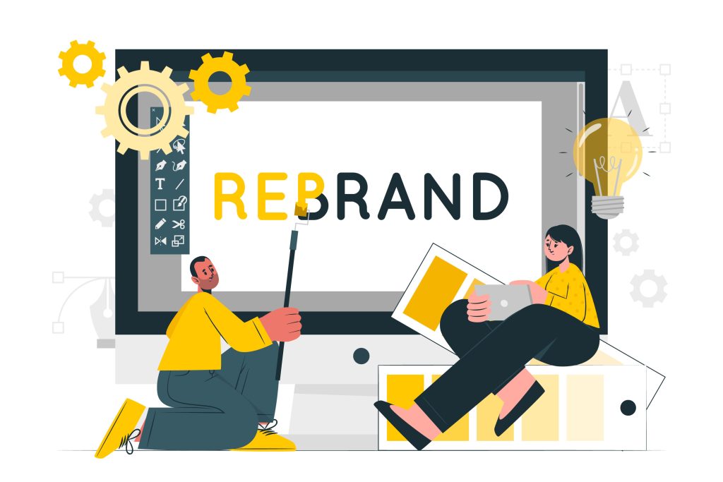 Illustration of two people working on a rebranding project, with one painting the word 'Rebrand' on a screen and the other reviewing color swatches, symbolizing the creative process of rebranding.