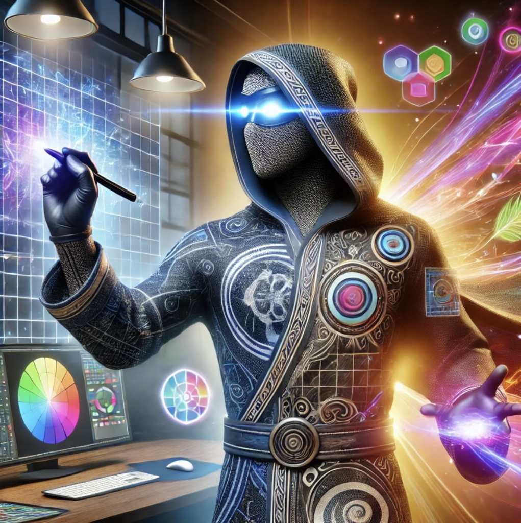 A futuristic artist in a hooded black robe stands in a high-tech studio, holding a stylus in the air with gleaming blue eyes. His robe has colorful, circular patterns and symbols, while his mask is black. Holographic displays and color wheels surround him.
