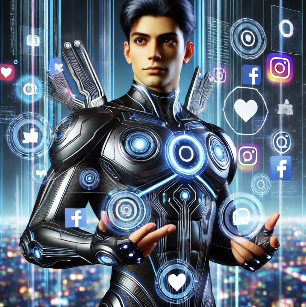 A futuristic superhero stands before a cityscape at night with vertical light beams, wearing a sleek black suit with neon-blue energy nodes and circuit patterns. Floating around him are holographs of social media icons. He looks focused, with high-tech devices extending from his shoulders.
