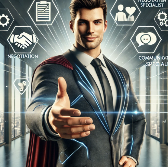 A superhero business executive, Handshake Harry, stands confidently with a friendly expression in a sleek office setting. Dressed in a modern, sharp suit with blue accents, he extends a hand in a warm handshake. Around him float icons of speech bubbles, gears, and documents.
