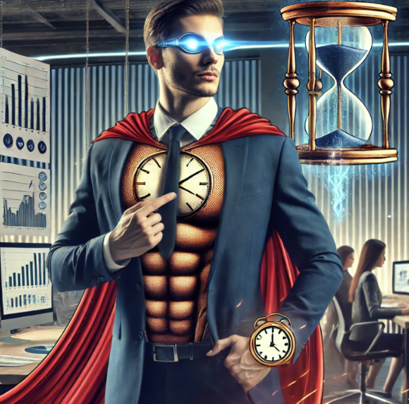 The superhero manager, Big Boss, stands in an office, dressed in business attire with a red cape. However, he is shirtless underneath his blazer, revealing a clock at the center of his chest. On his wrist, he wears a wristwatch. His eyes glow blue with x-ray vision. Behind him, team members work. His expression is serious as he points to the clock embedded into his chest.