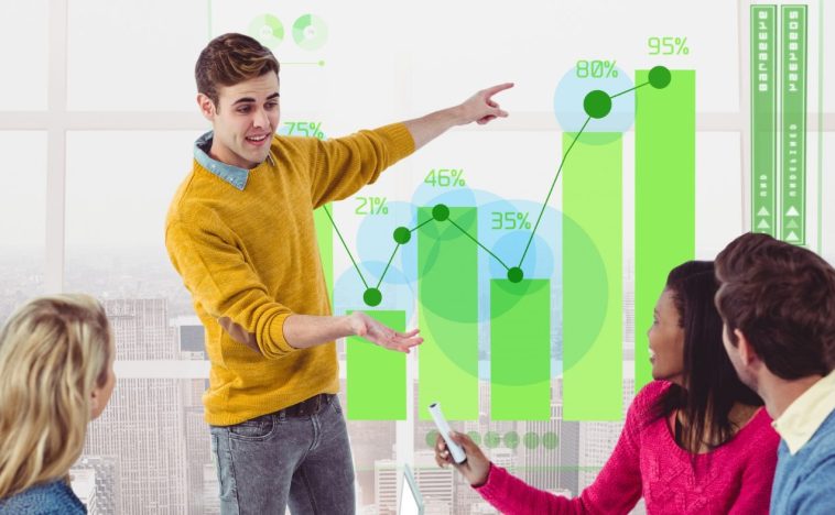 Team analyzing a digital marketing strategy with interactive graphs and charts in a modern office setting, focusing on growth and audience engagement.