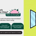 Graphic by Content Nation celebrating Global Work From Home Day, highlighting the benefits of decentralised, borderless work. Includes an illustration of a home office setup and key messages about creativity, communication, and diverse perspectives.