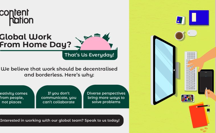 Graphic by Content Nation celebrating Global Work From Home Day, highlighting the benefits of decentralised, borderless work. Includes an illustration of a home office setup and key messages about creativity, communication, and diverse perspectives.