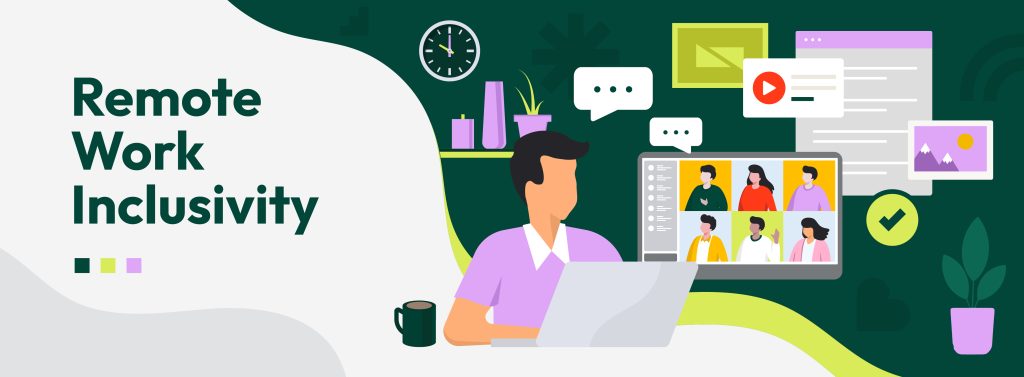 Graphic website banner titled "Remote Work Inclusivity", featuring a vector illustration of a person working on a laptop with a video call screen, chat bubbles, documents, and digital media icons in the background.