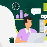 Graphic website banner titled "Remote Work Inclusivity", featuring a vector illustration of a person working on a laptop with a video call screen, chat bubbles, documents, and digital media icons in the background.
