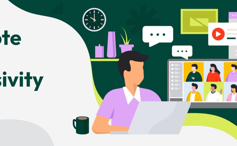 Graphic website banner titled "Remote Work Inclusivity", featuring a vector illustration of a person working on a laptop with a video call screen, chat bubbles, documents, and digital media icons in the background.